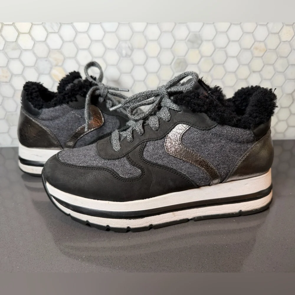 Voile Blanche Maran Fur Leather Shearling Platform Sneakers Black & Grey Sz 39